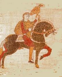 Embroidered image of Harold Godwinson, riding a horse and carrying a bird of prey. Harold Godwinson, as depicted on the Bayeux Tapestry.The original uploader was Gerhard at English Wikipedia., Public domain, via Wikimedia Commons